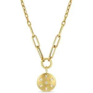 14k Baguette & Round Diamond Brushed Gold Domed Disc Mixed Chain Necklace