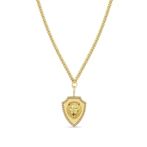 14k Lion Head Pavé Diamond Border Shield Small Curb Chain Necklace