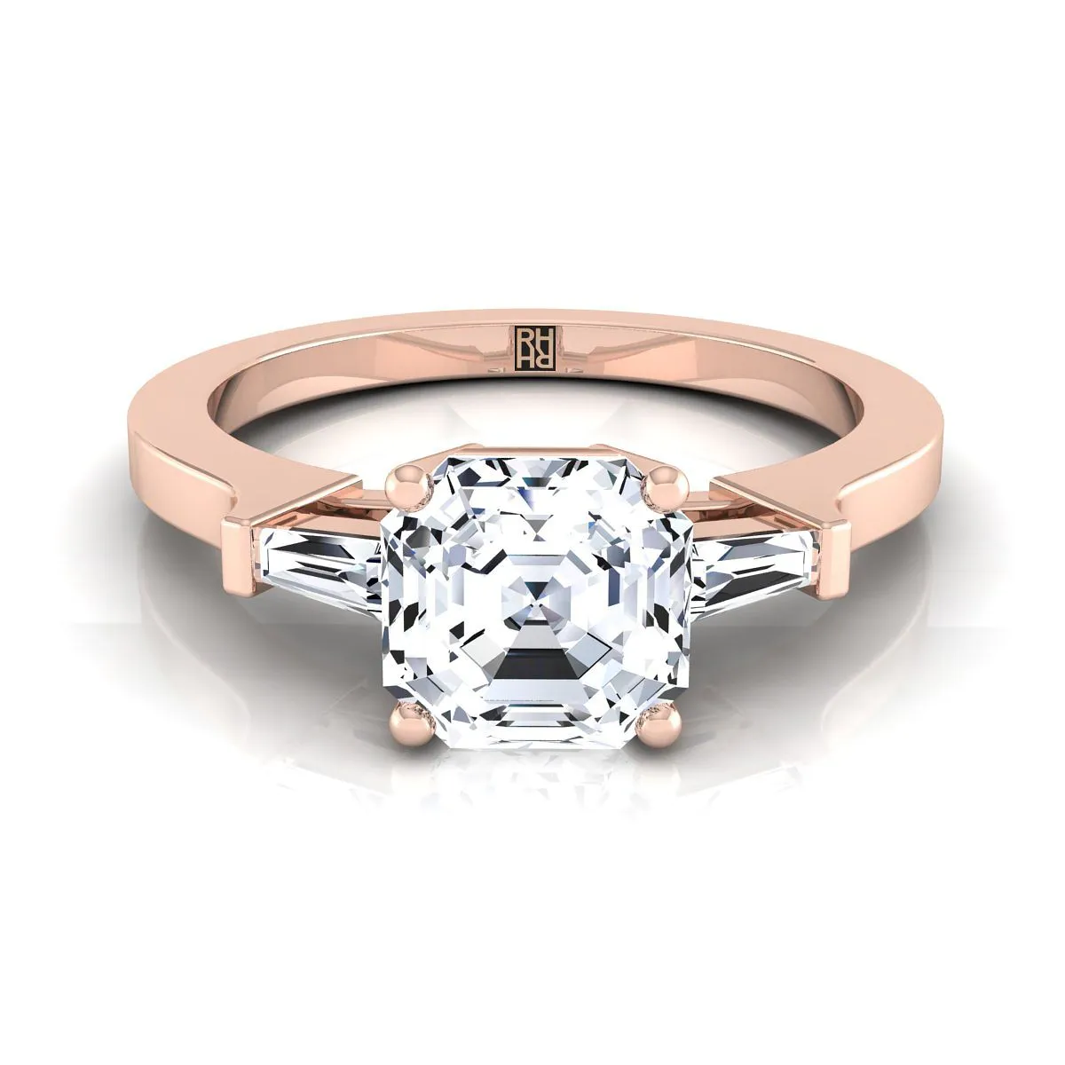 14K Rose Gold Asscher Cut Diamond Tapered Baguette Accent Engagement Ring -1/4ctw