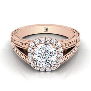 14K Rose Gold Cushion Vintage Inspired Wheat Split Shank Diamond Halo Engagement Ring