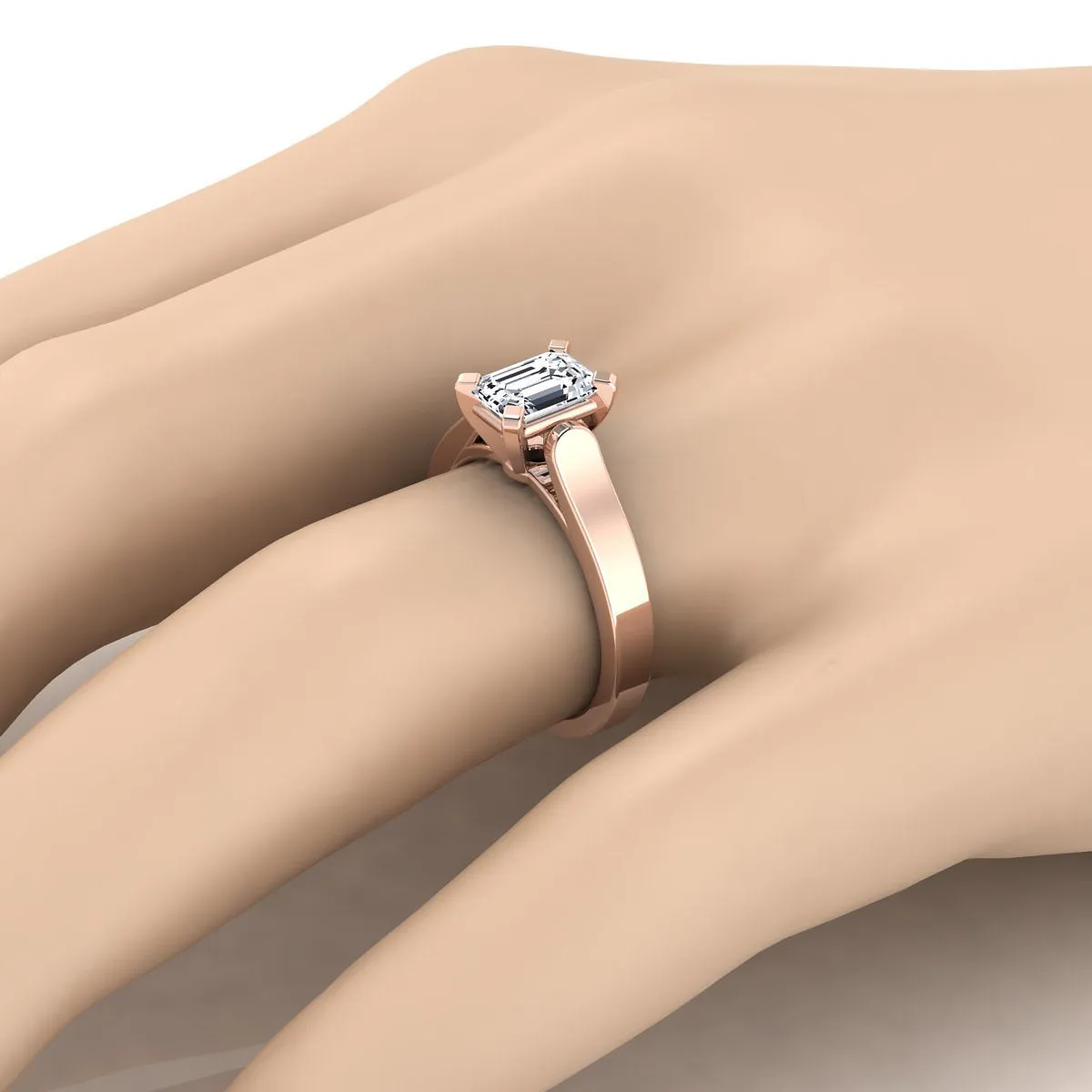 14K Rose Gold Emerald Cut  Cathedral Style Solitaire Engagement Ring