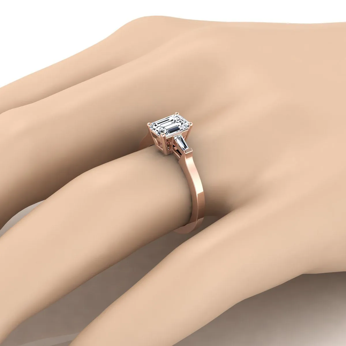 14K Rose Gold Emerald Cut Diamond Tapered Baguette Accent Engagement Ring -1/4ctw