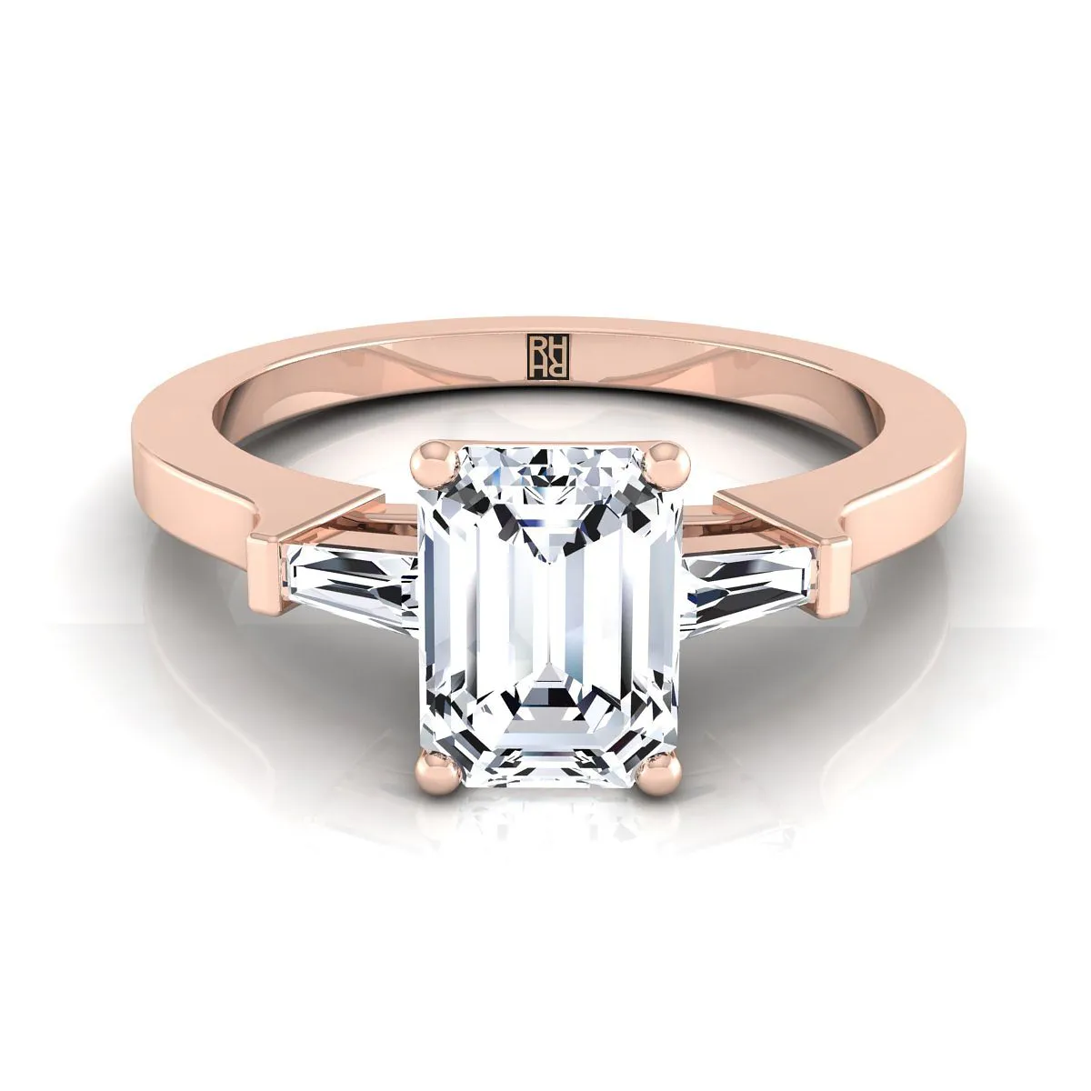 14K Rose Gold Emerald Cut Diamond Tapered Baguette Accent Engagement Ring -1/4ctw