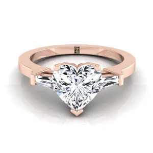 14K Rose Gold Heart Shape Center Diamond Tapered Baguette Accent Engagement Ring -1/4ctw