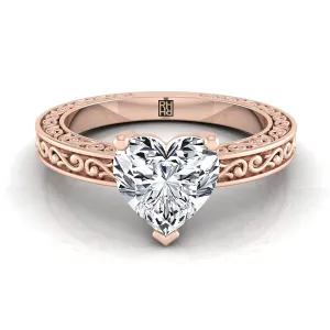 14K Rose Gold Heart Shape Center Hand Engraved Scroll Vintage Solitaire Engagement Ring