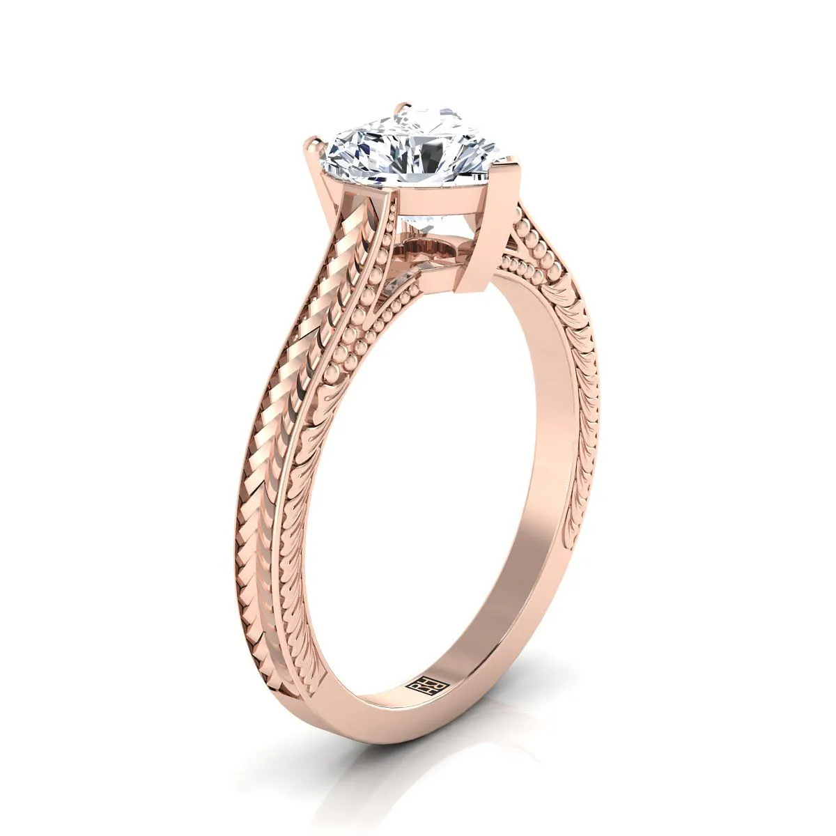 14K Rose Gold Heart Shape Center  Hand Engraved Vintage Cathedral Style Solitaire Engagement Ring