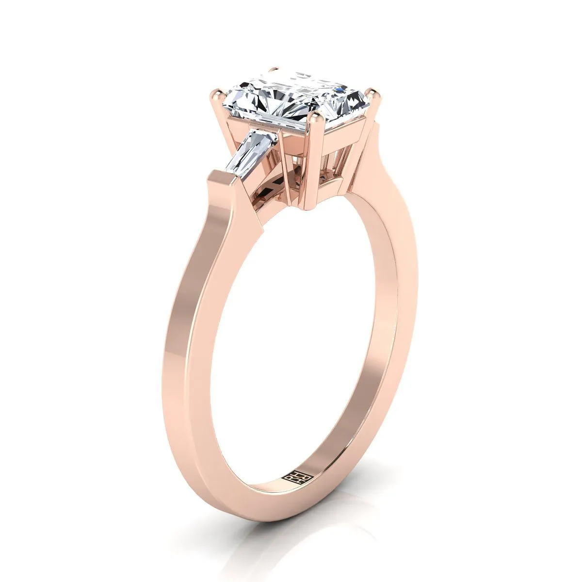 14K Rose Gold Radiant Cut Center Diamond Tapered Baguette Accent Engagement Ring -1/4ctw