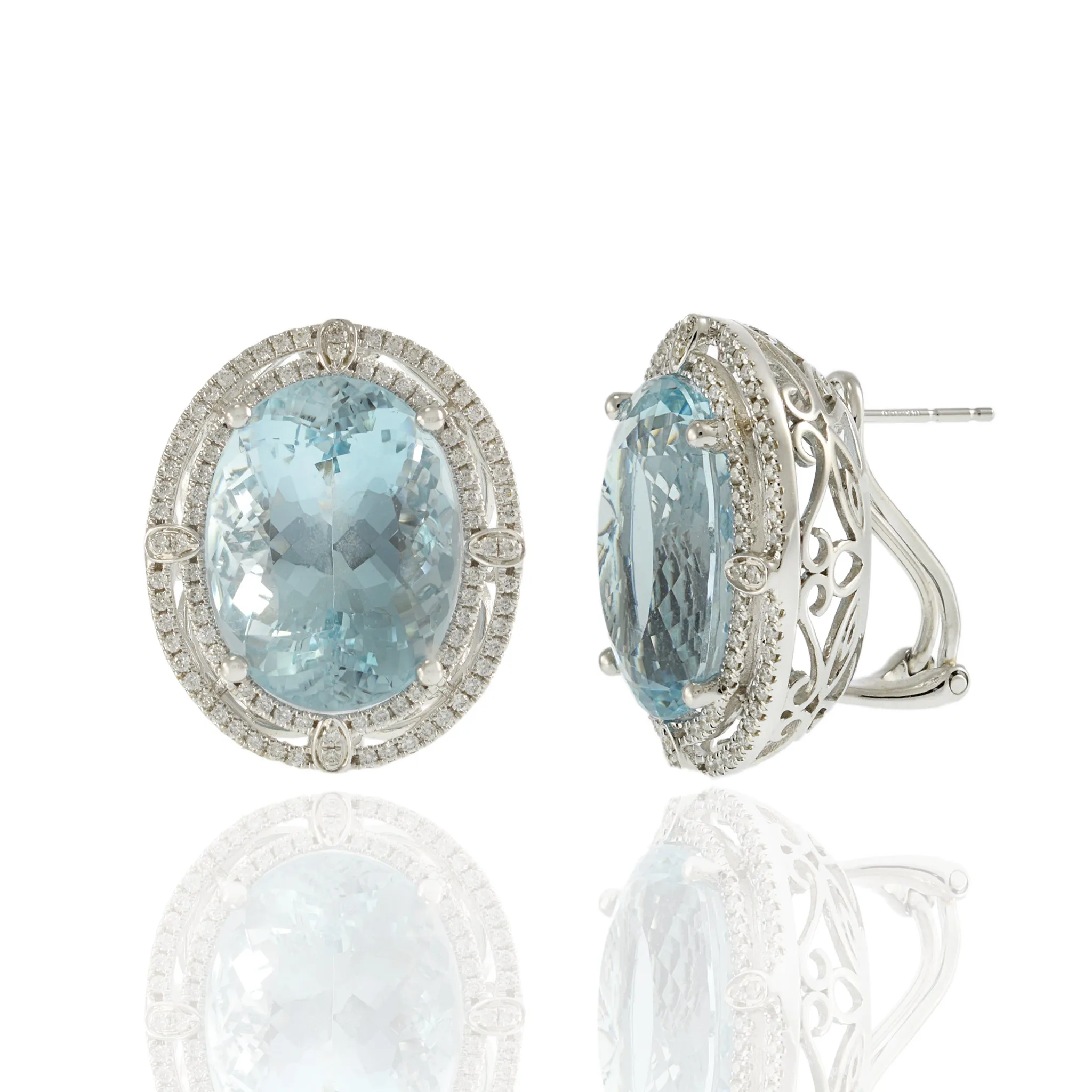 14KT White Gold and Round Cut Diamond Oval Aquamarine Earrings