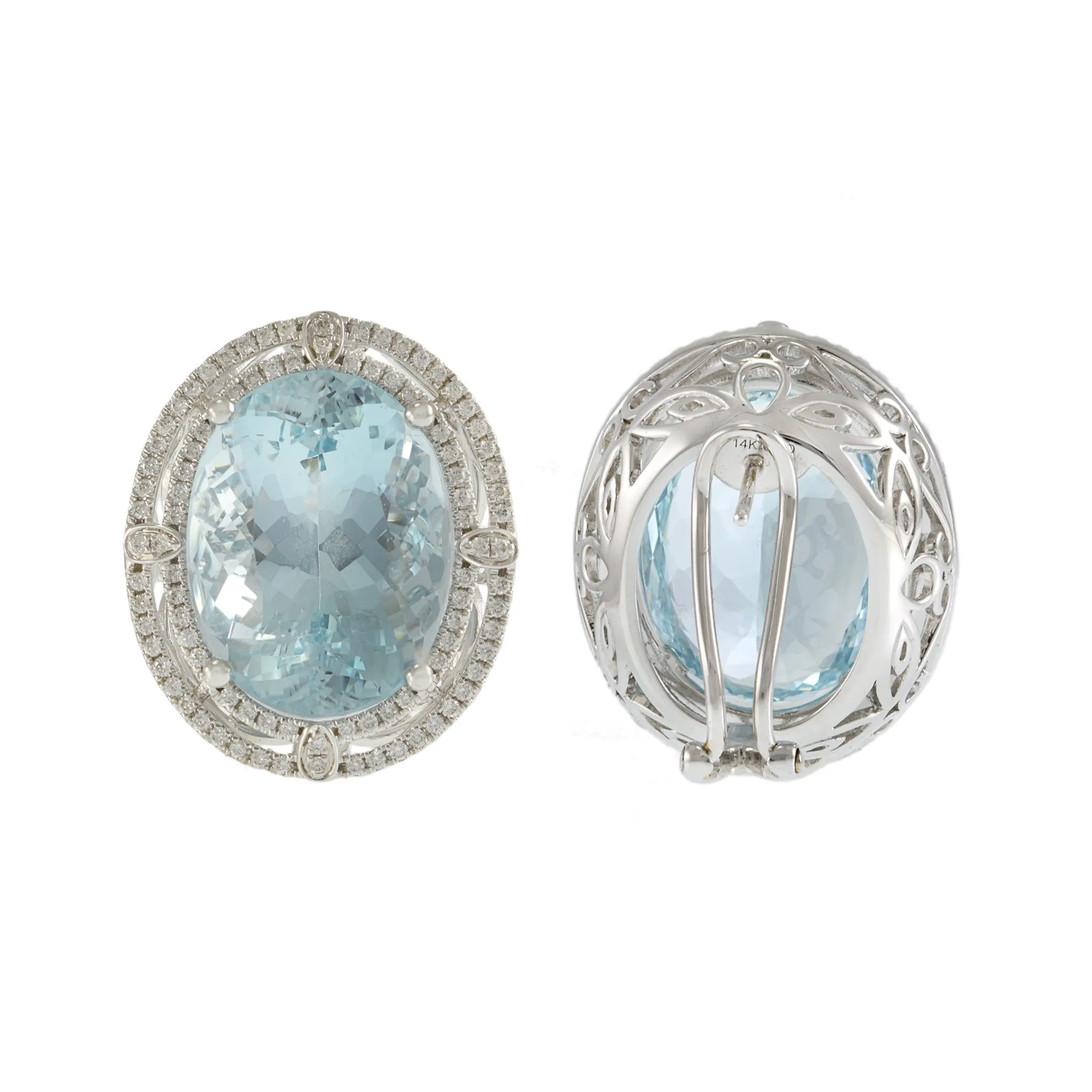 14KT White Gold and Round Cut Diamond Oval Aquamarine Earrings