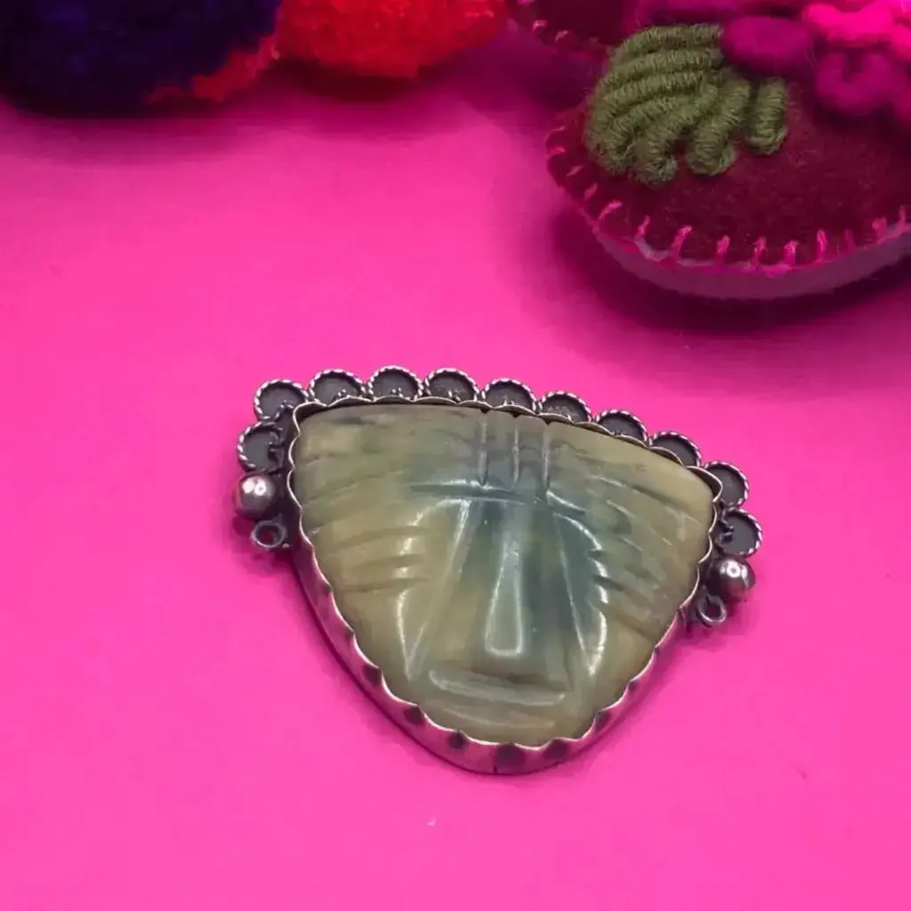 1940 Vintage Taxco silver pin with carved jade