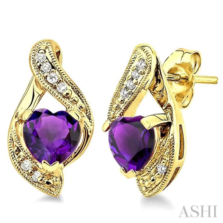 6x6mm Heart Shape Amethyst and 1/20 Ctw Single Cut Diamond Earrings in 10K Yellow Gold