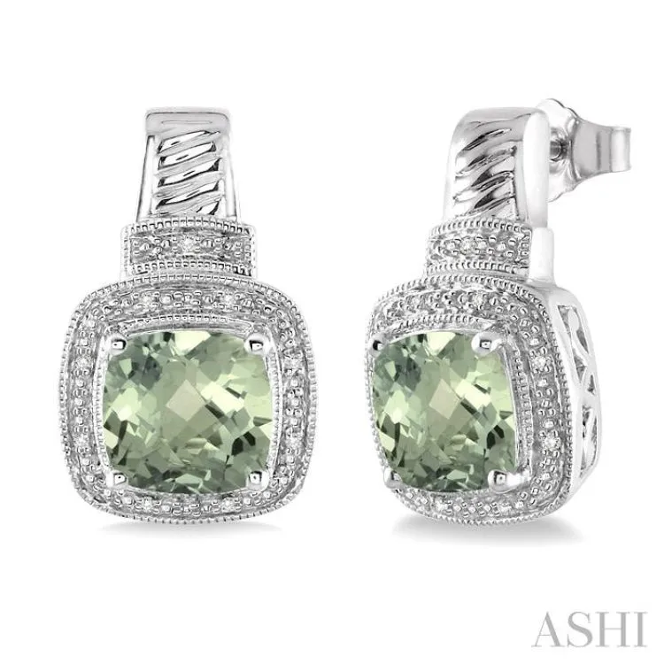 8x8  MM Cushion Shape Green Amethyst and 1/20 ctw Single Cut Diamond Earrings in Sterling Silver