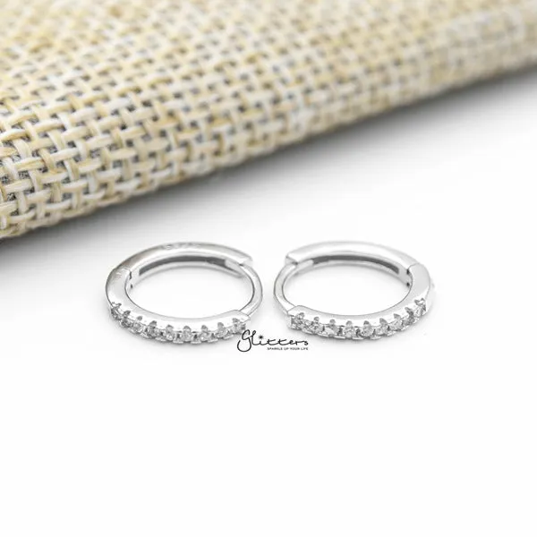 925 Sterling Silver 1.5mm wide C.Z One-Touch Huggie Hoop Earrings