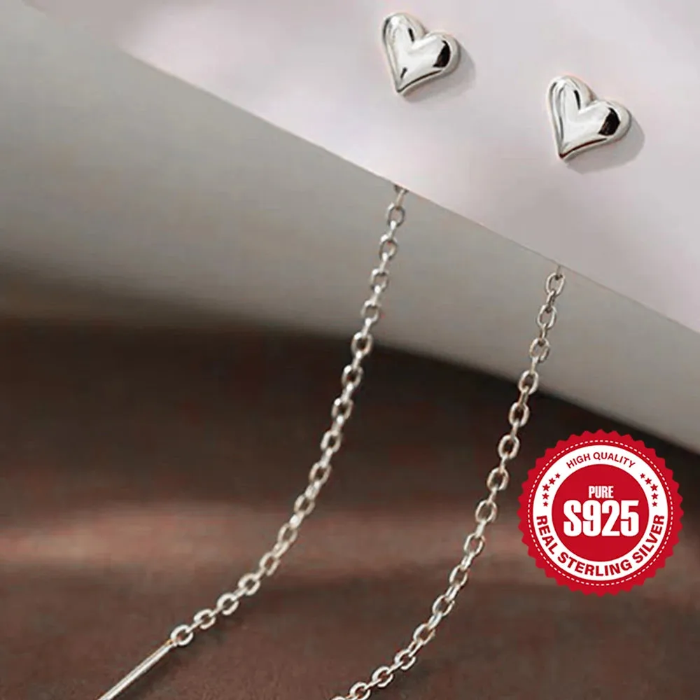 Aide 925 Sterling Silver Heart Long Tassels Chain Piercing Drop Earrings For Women Minimalist Jewelry Party Valentine's Day Gift