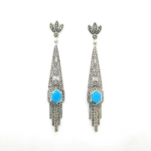 Art Deco Earrings Blue Turquoise Silver Marcasite