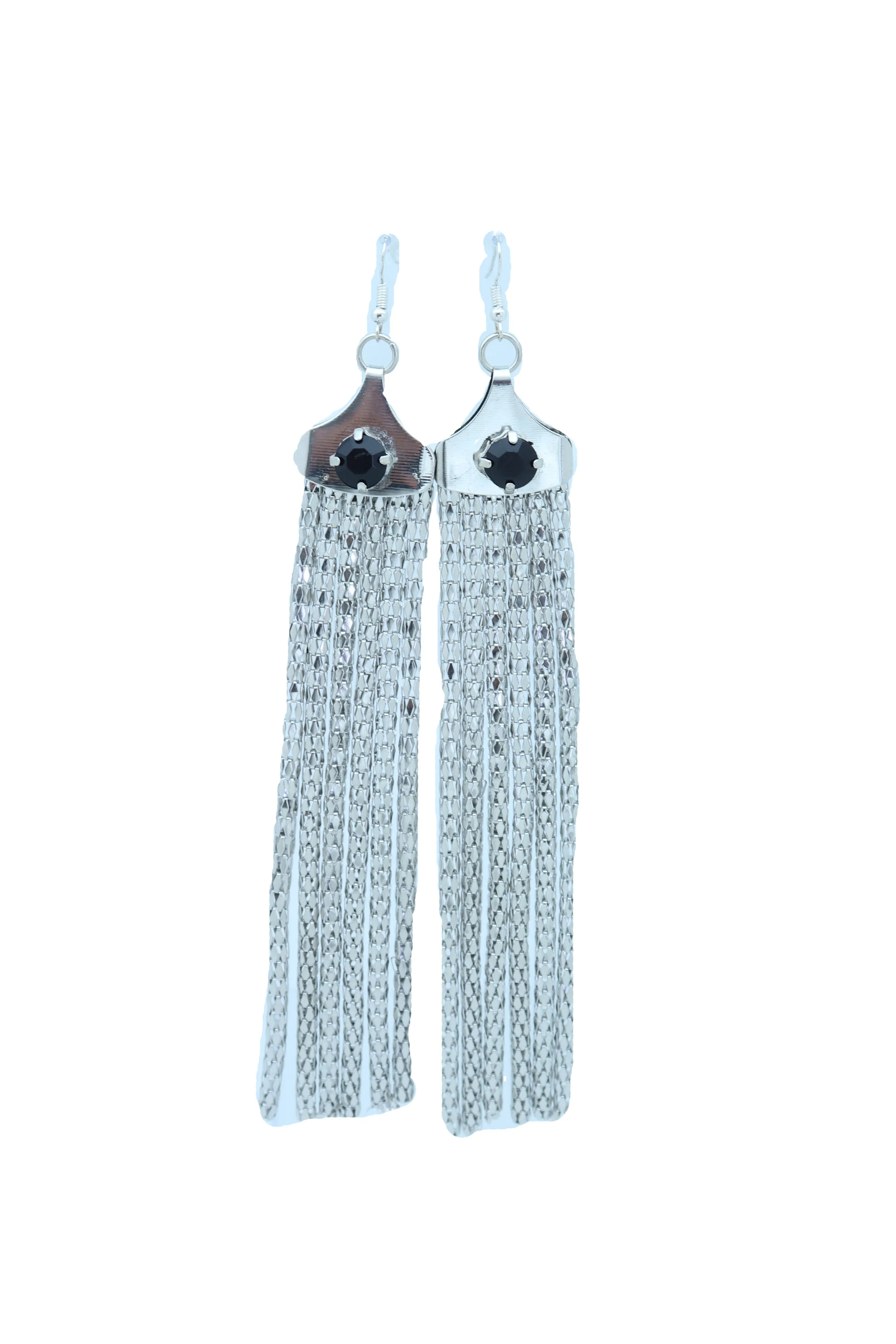 Black Gem Accent Long Tassel Silver Earrings