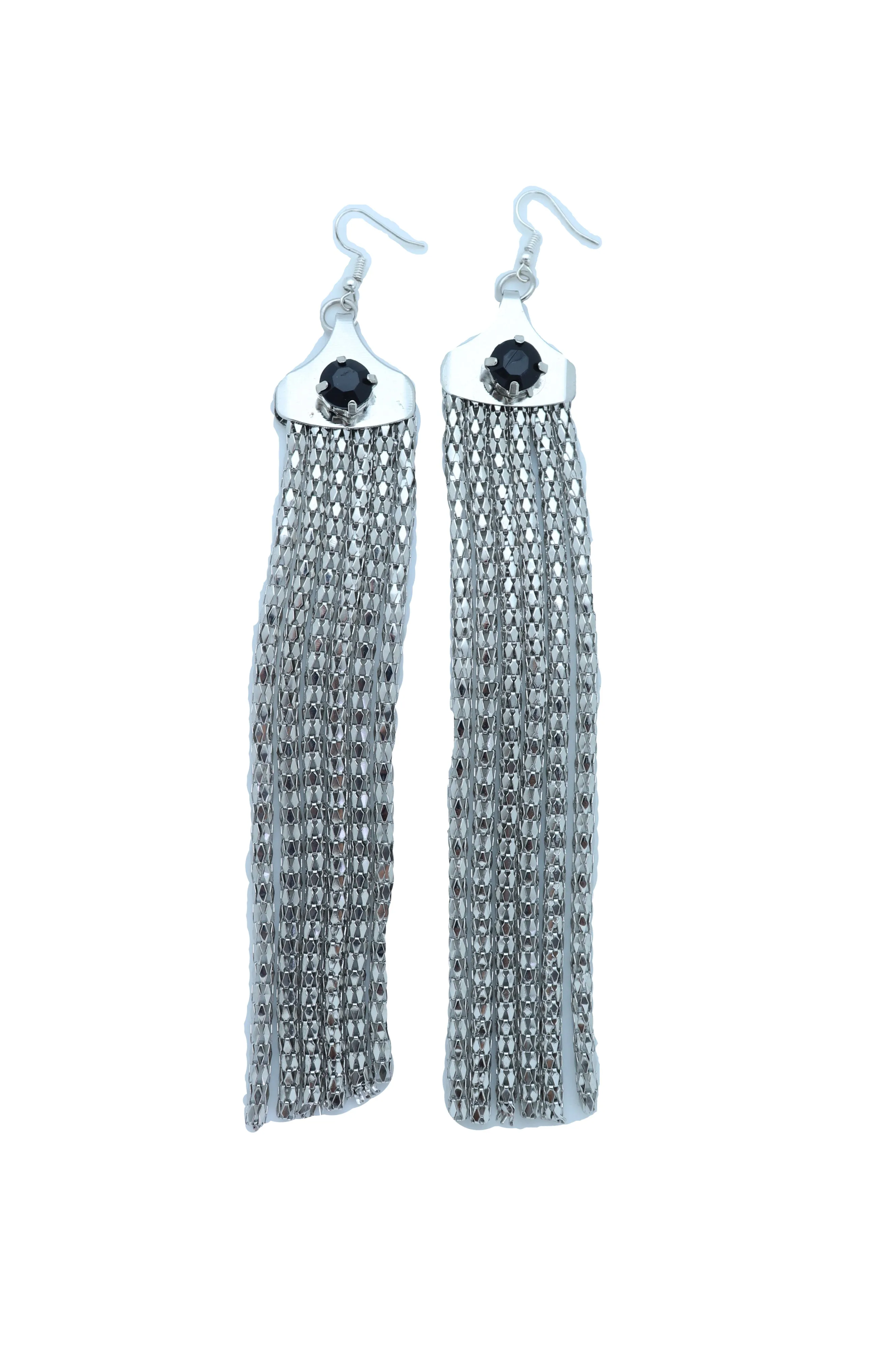 Black Gem Accent Long Tassel Silver Earrings