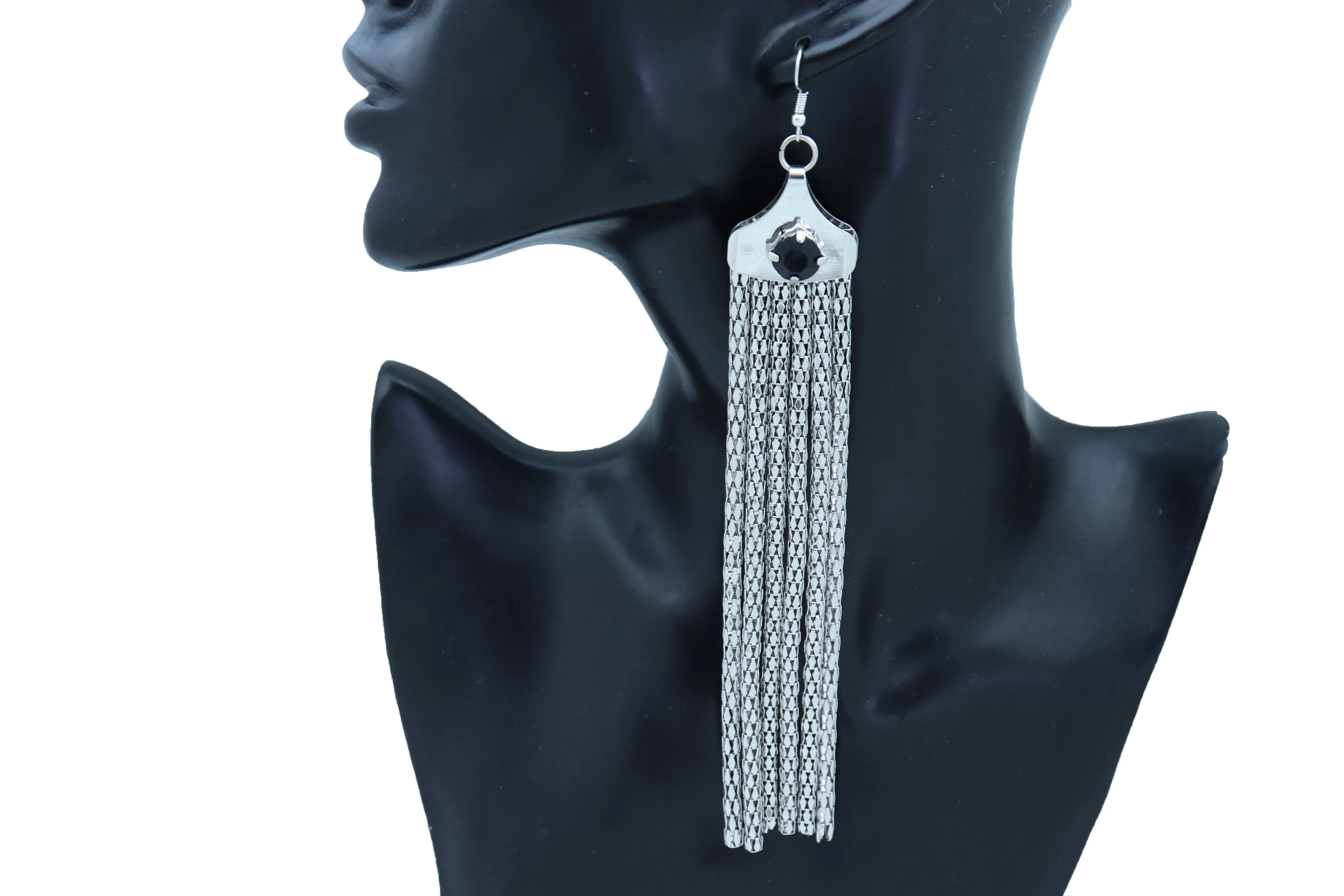 Black Gem Accent Long Tassel Silver Earrings