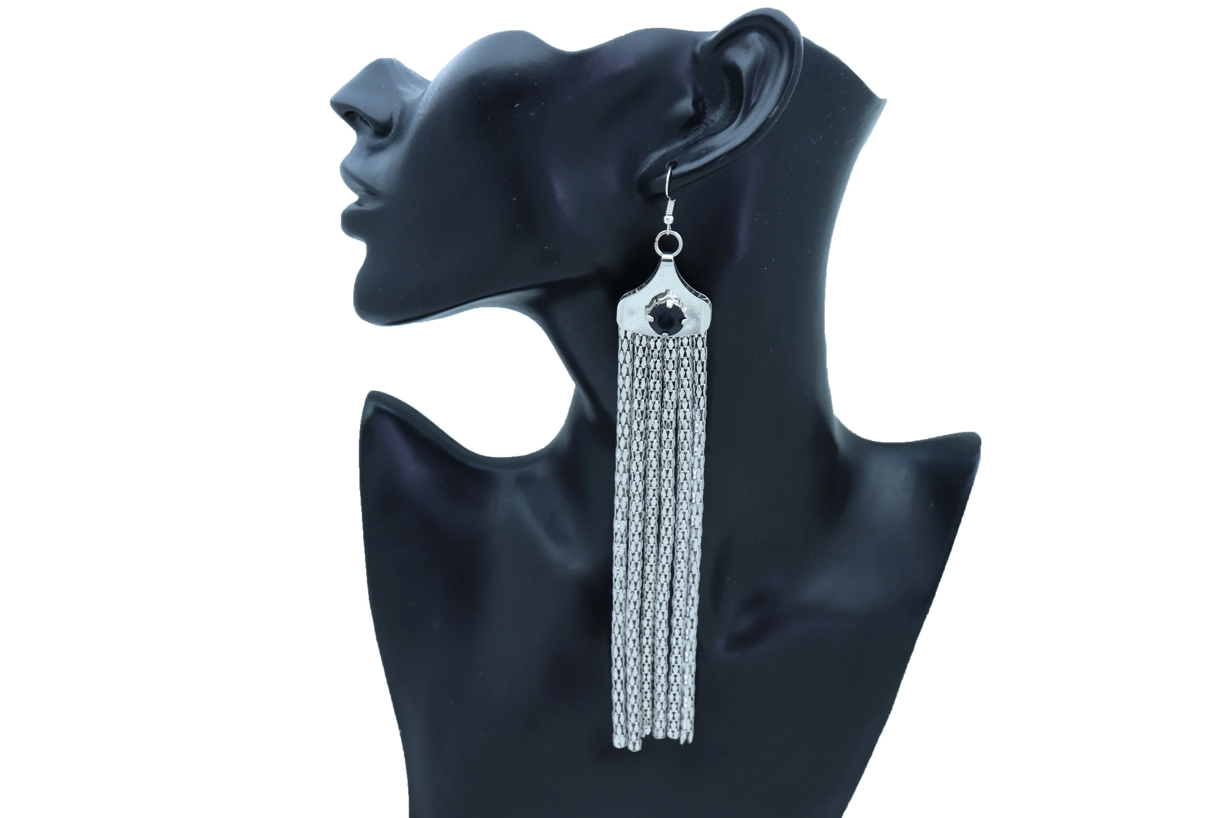 Black Gem Accent Long Tassel Silver Earrings