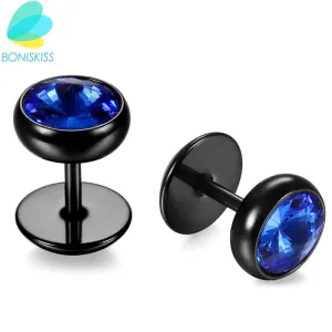 BONISKISS Men Earrings Stainless Steel Black Blue Barbell Type Stud Earrings For Men And Women Unisex Jewelry Pendientes Brincos