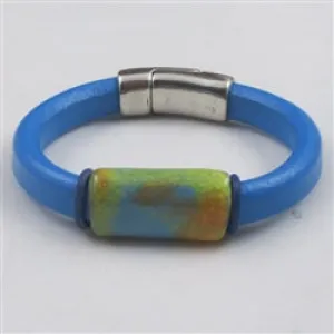 Bright Blue Leather Bracelet with Handmade Multi Colored Slide