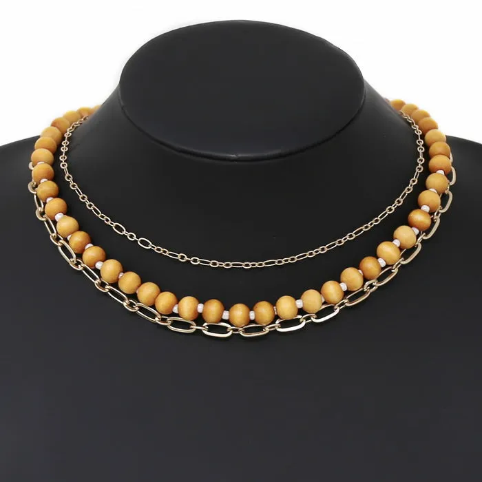 Chain And Wood Bead Layered Short Necklace