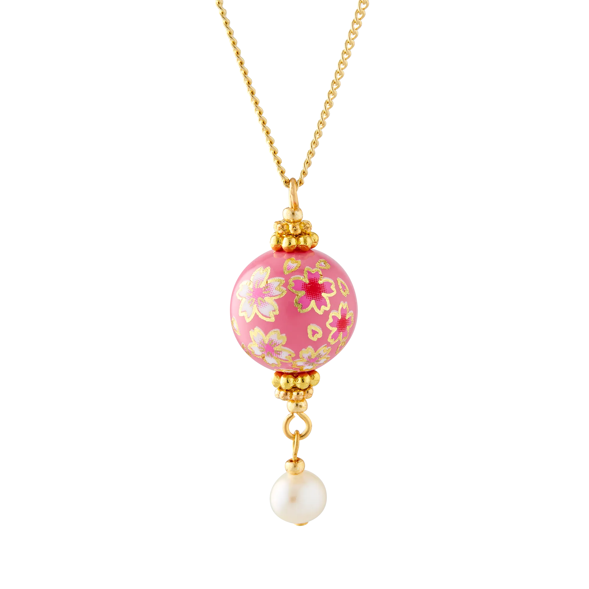 Cherry Blossom Hand Painted Tensha Bead Pendant Necklace with Pearl