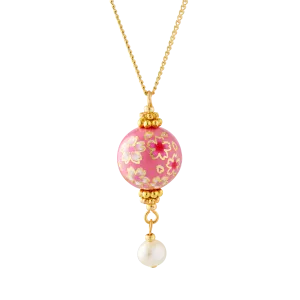 Cherry Blossom Hand Painted Tensha Bead Pendant Necklace with Pearl