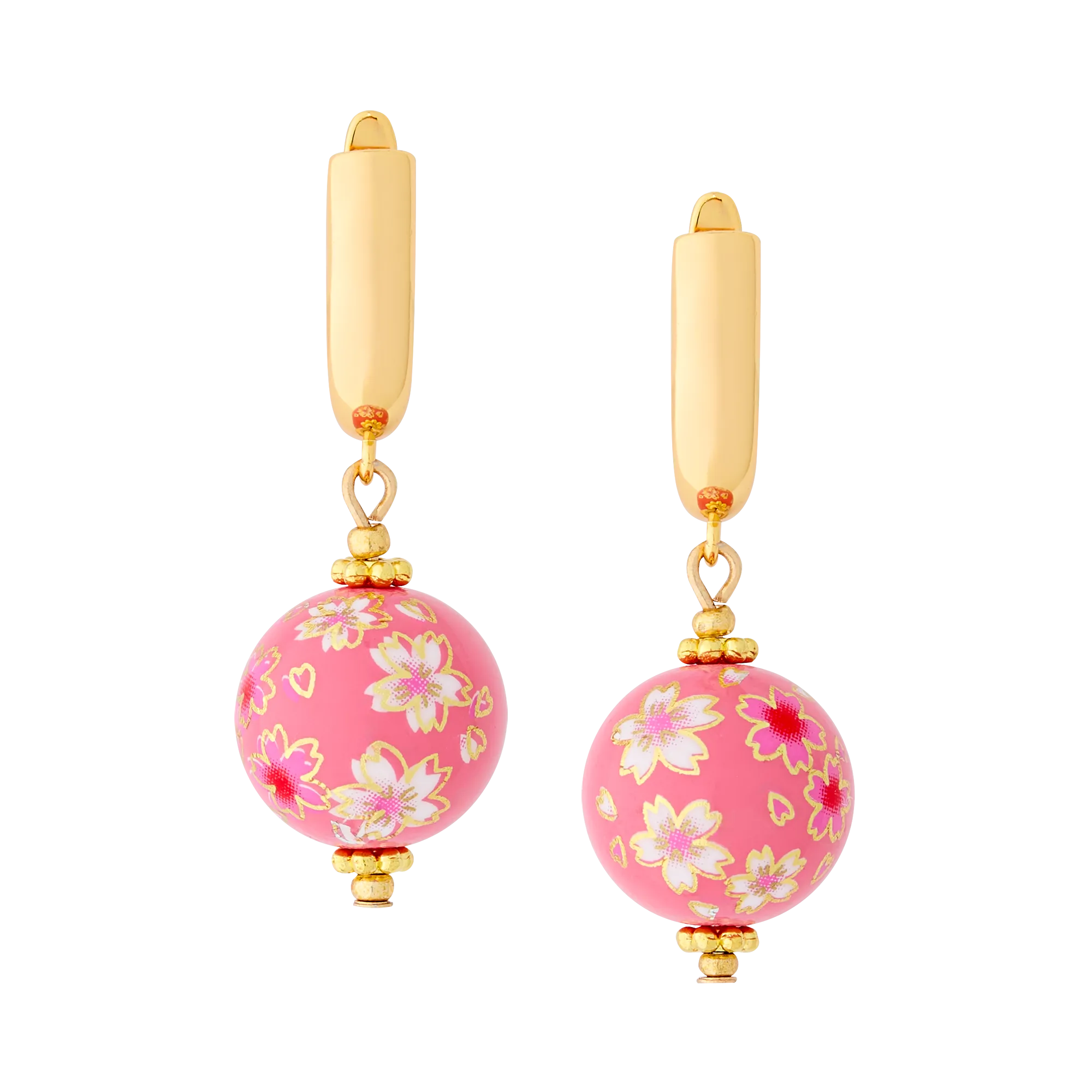 Cherry Blossom Huggie Earrings with Hand Painted Tensha Beads