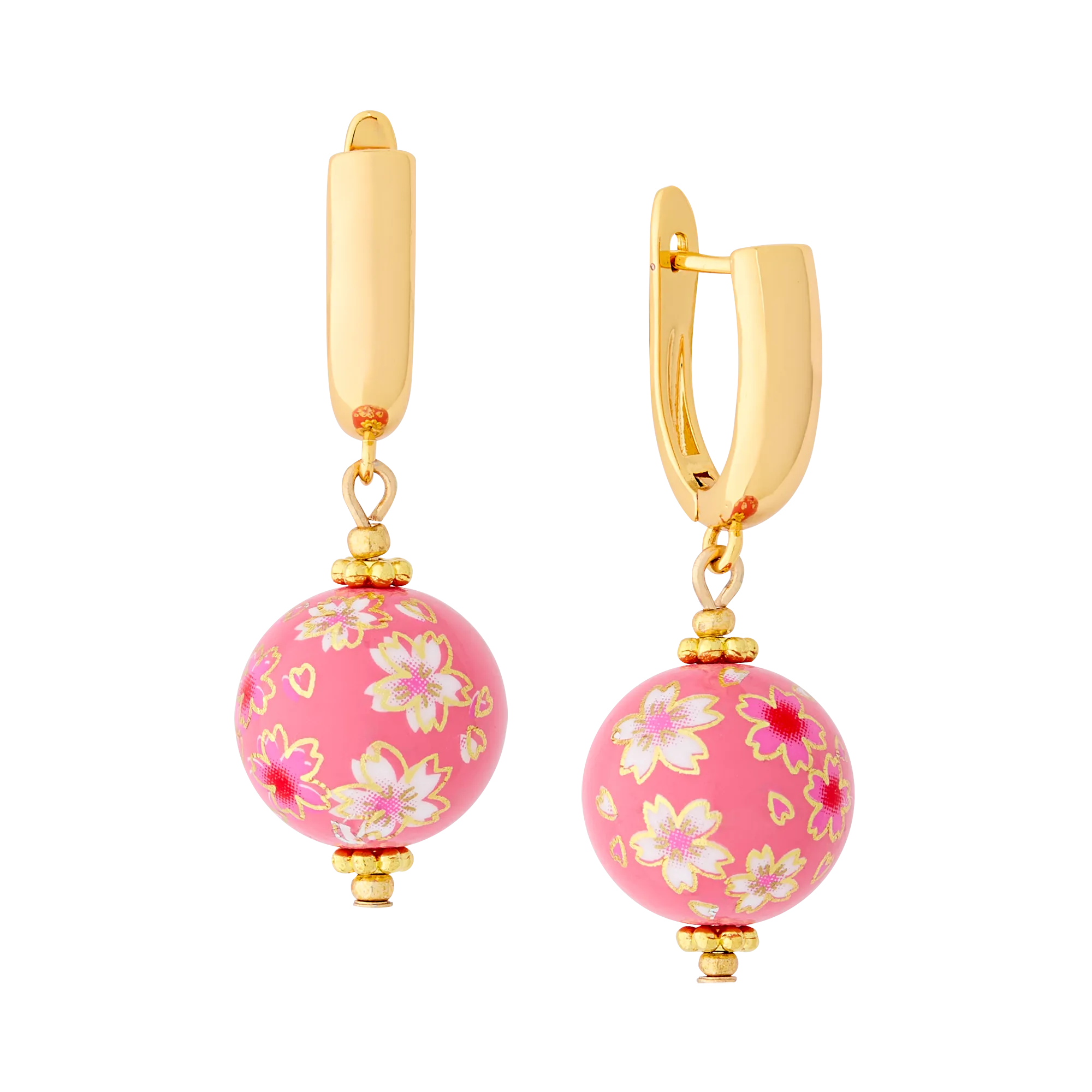 Cherry Blossom Huggie Earrings with Hand Painted Tensha Beads