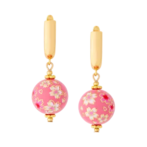 Cherry Blossom Huggie Earrings with Hand Painted Tensha Beads