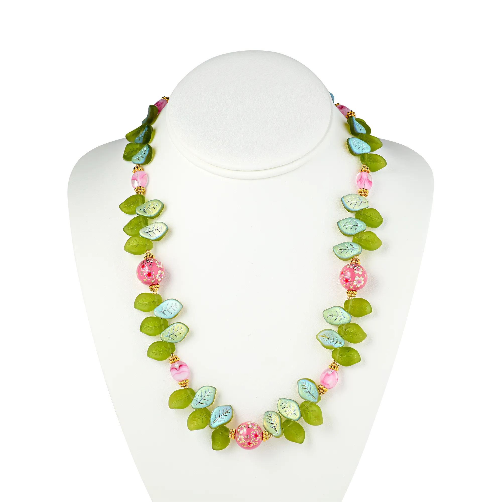 Cherry Blossom Necklace with Glass Leaves and Hand Painted Tensha Bead