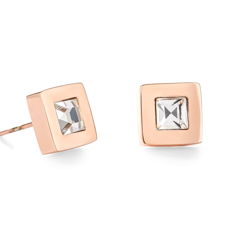 Earrings square stainlees steel rose gold & crystal