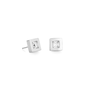 Earrings square stainlees steel silver & crystal