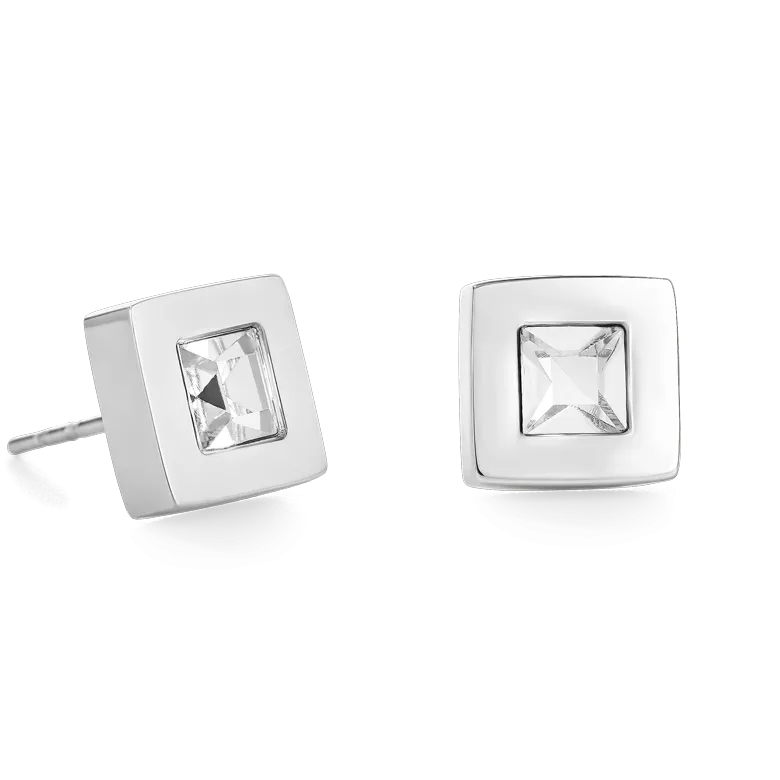 Earrings square stainlees steel silver & crystal