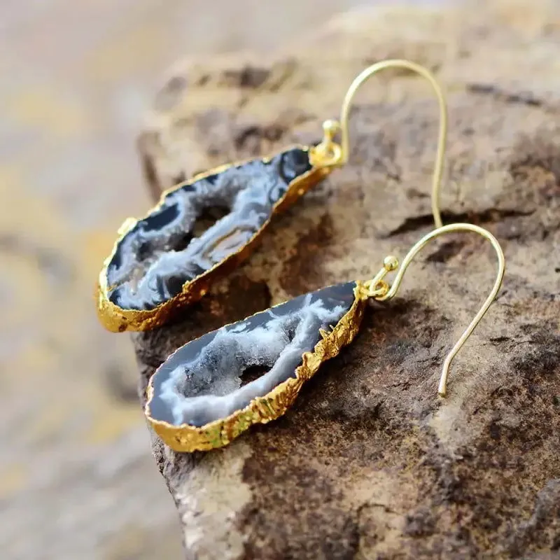 Elegant Handmade Druzy Earrings – Natural Stone Bohemian Jewelry in Silver & Gold