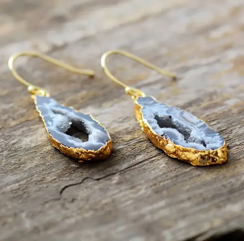 Elegant Handmade Druzy Earrings – Natural Stone Bohemian Jewelry in Silver & Gold