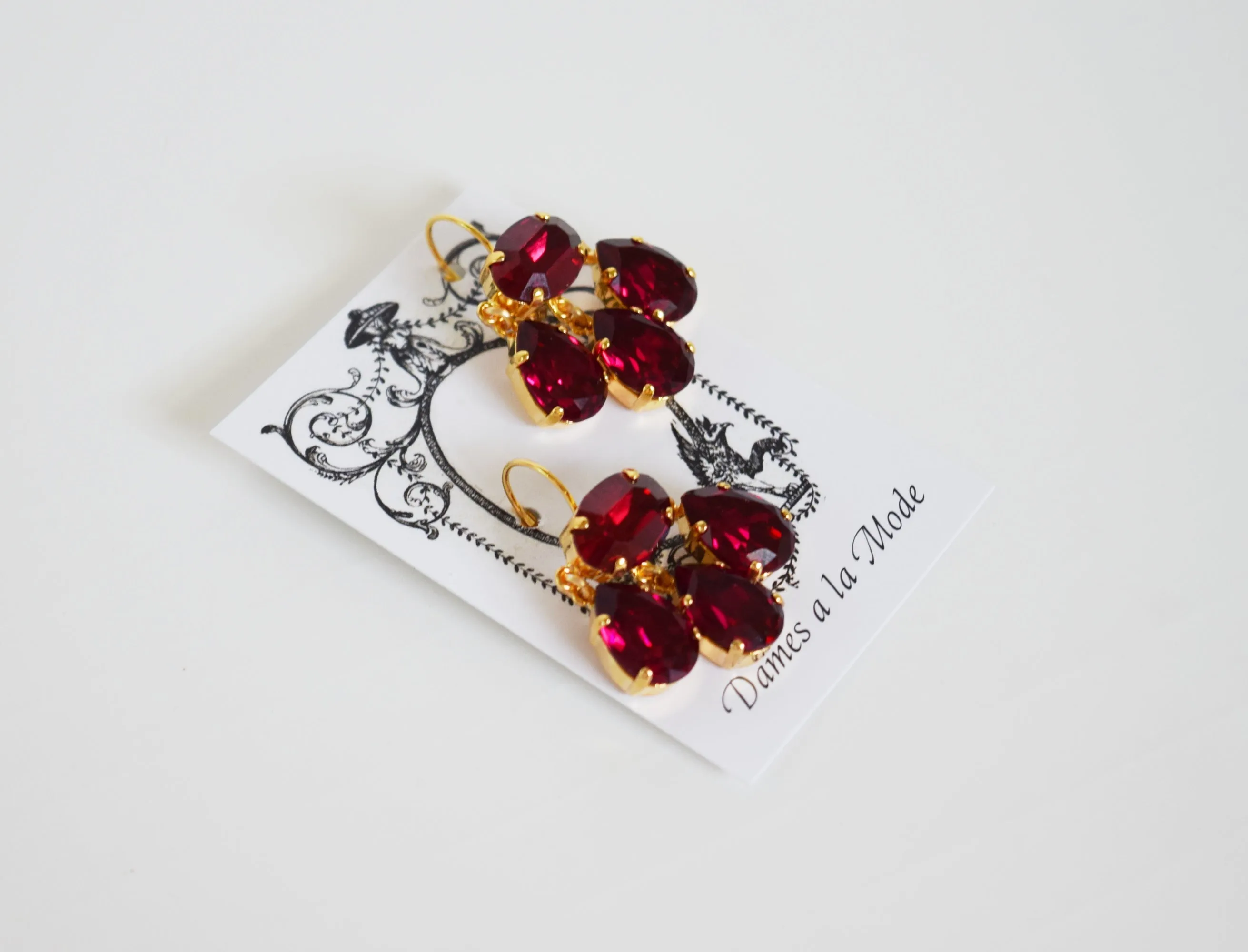 Girandole Earrings - Large Pear Swarovski Dark Pink