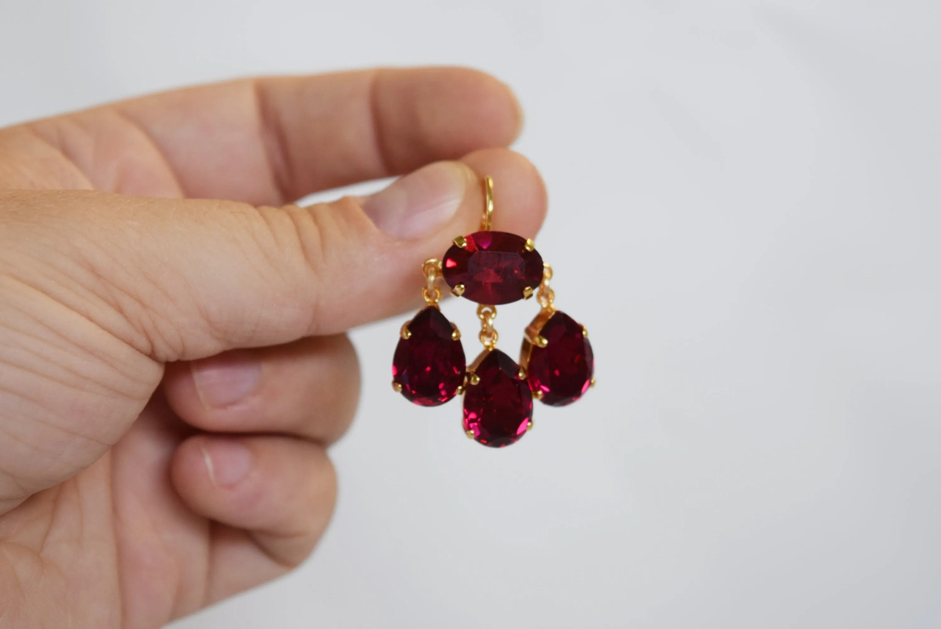 Girandole Earrings - Large Pear Swarovski Dark Pink