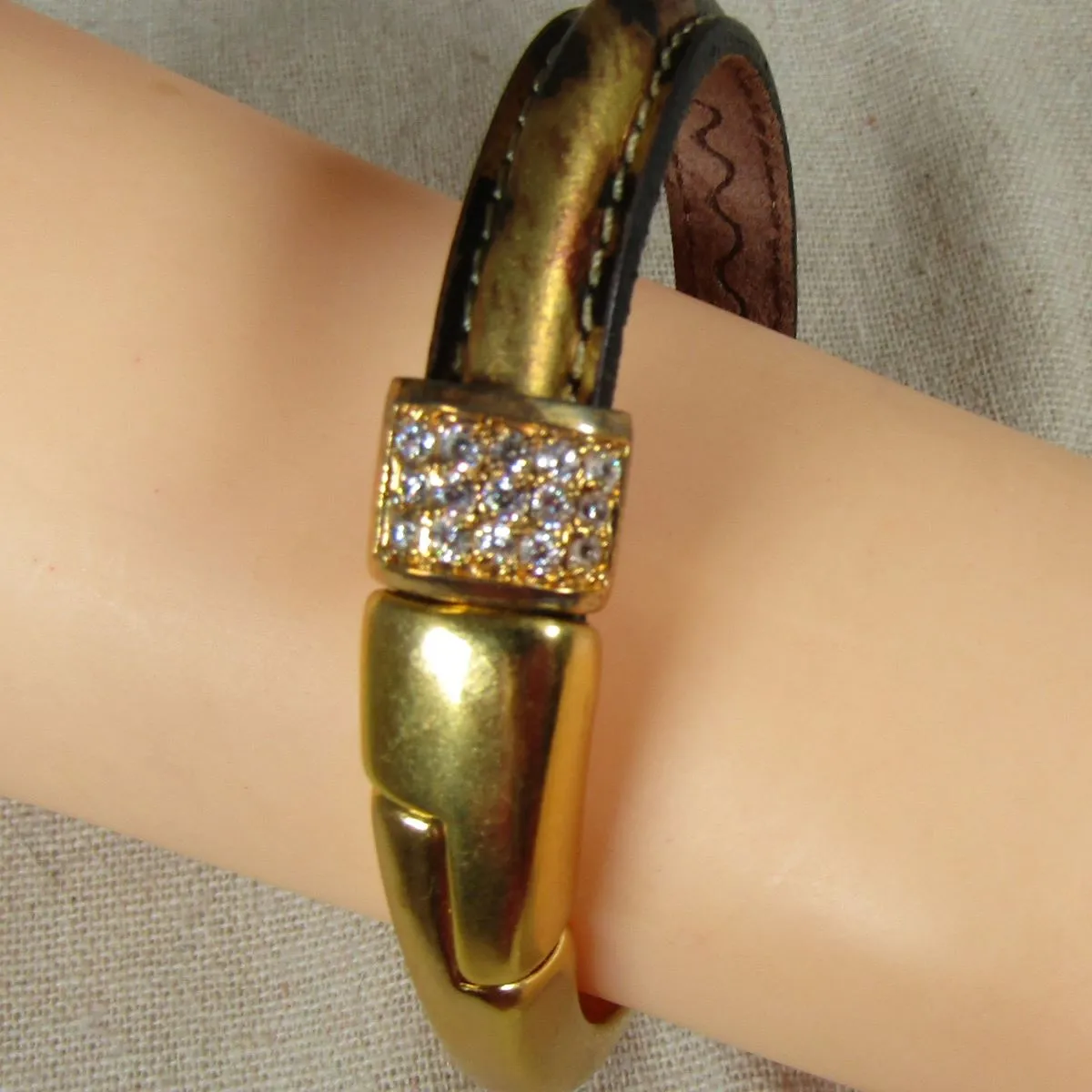 Gold and Leopard Leather  Cuff Bracelet