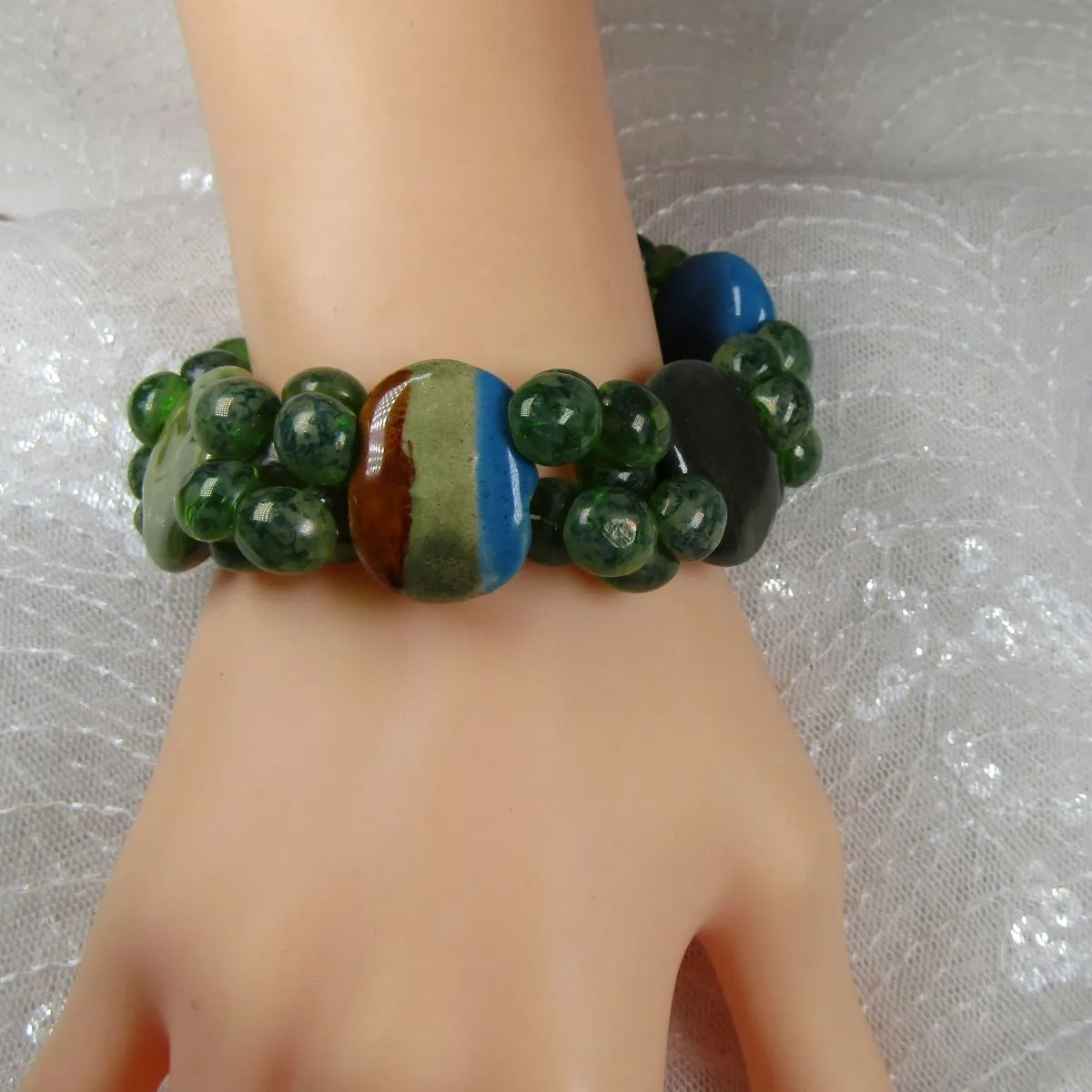 Handmade Kazuri Cuff Bangle Bracelet in Green & Blue African Beads