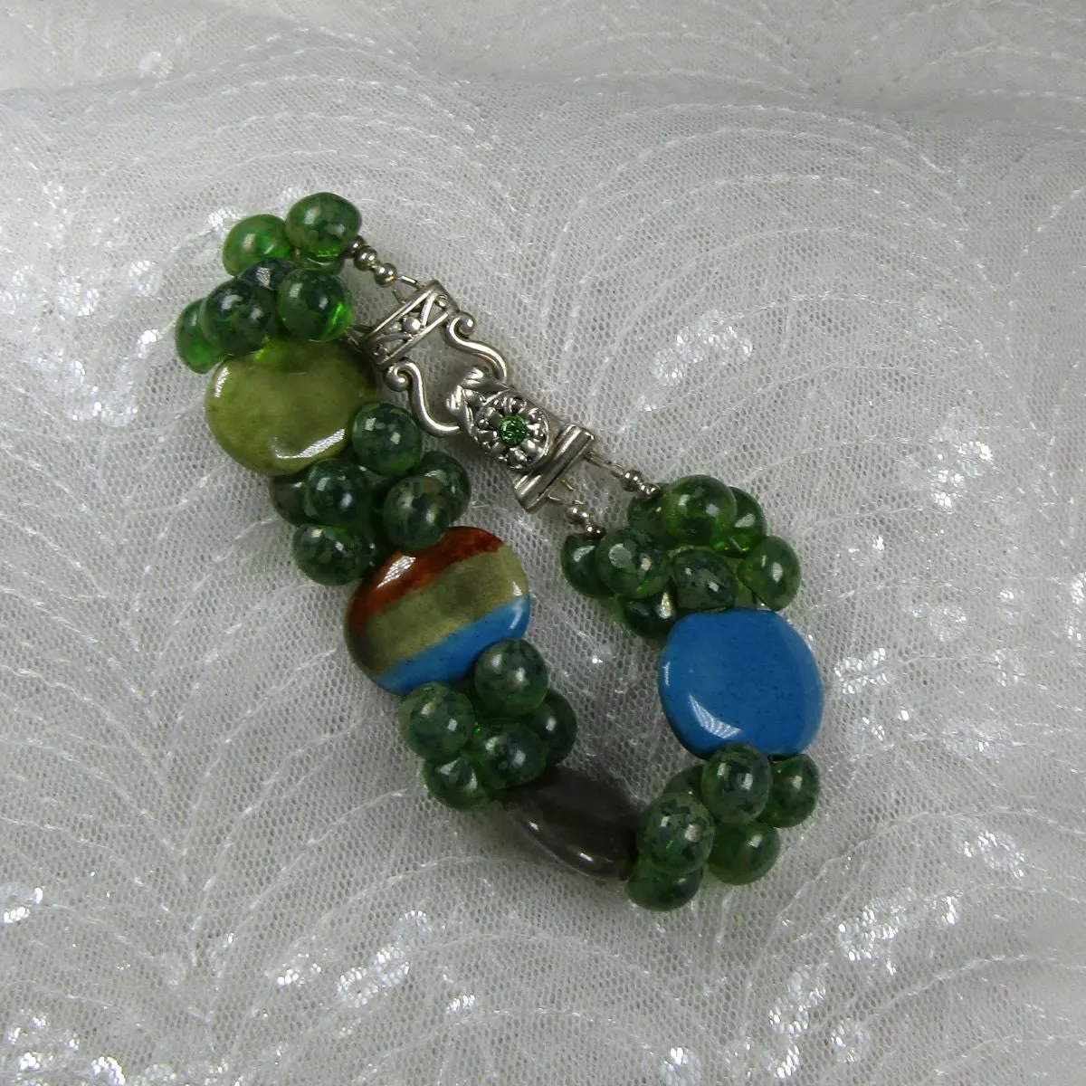 Handmade Kazuri Cuff Bangle Bracelet in Green & Blue African Beads