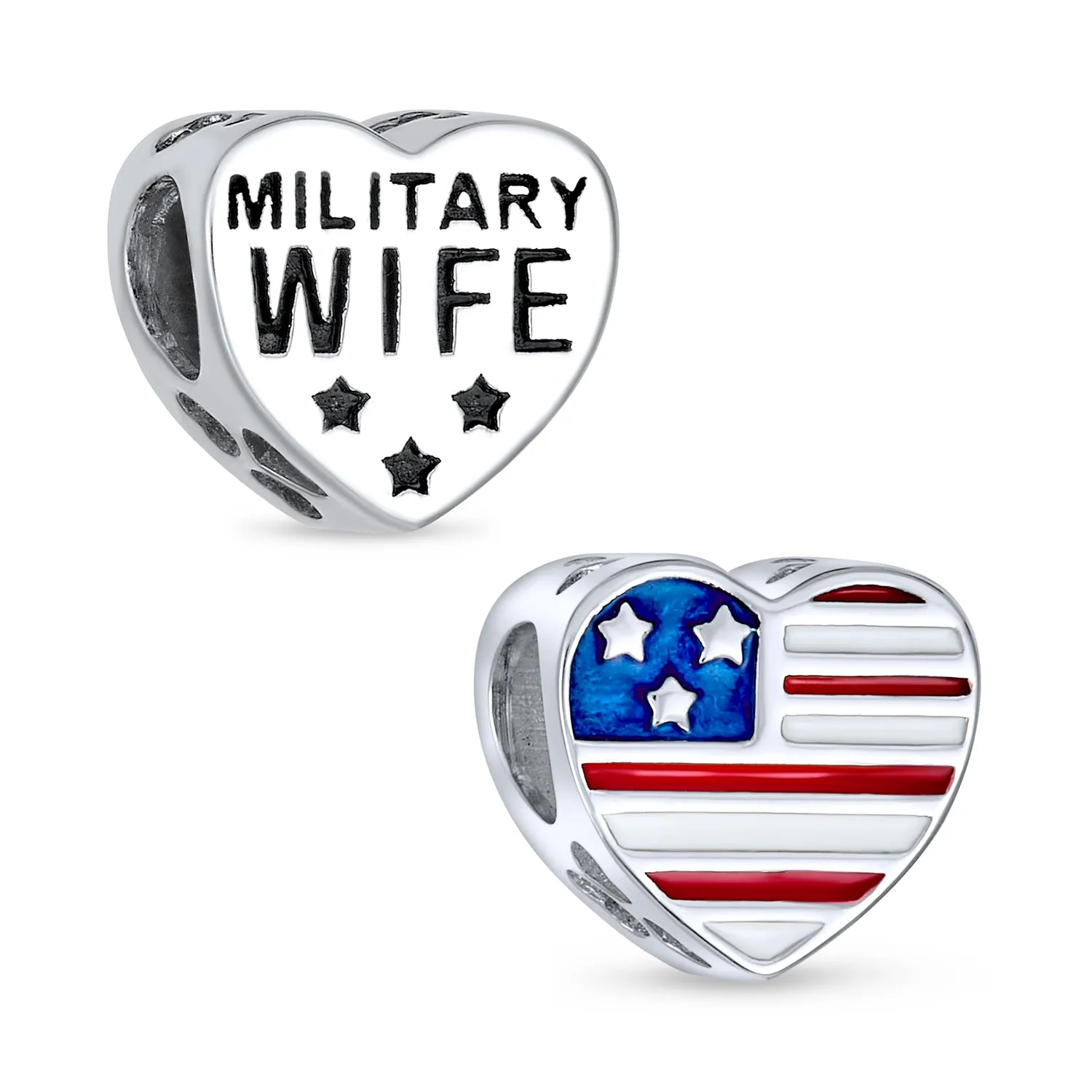 Heart Shape USA Flag Military Wife Charm Bead Sterling Silver for Bracelet