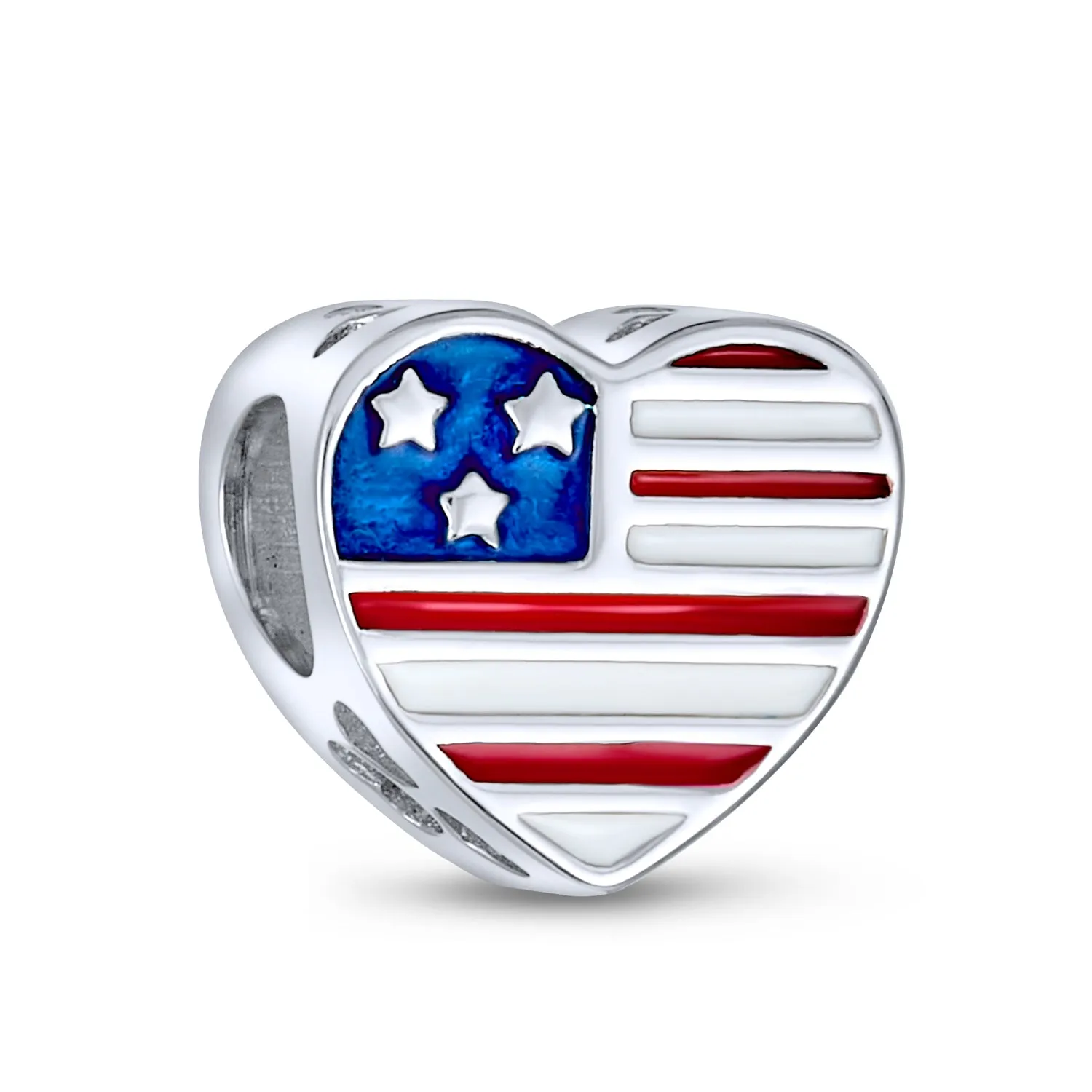 Heart Shape USA Flag Military Wife Charm Bead Sterling Silver for Bracelet