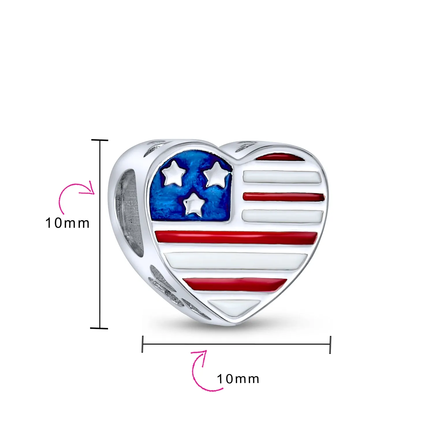 Heart Shape USA Flag Military Wife Charm Bead Sterling Silver for Bracelet