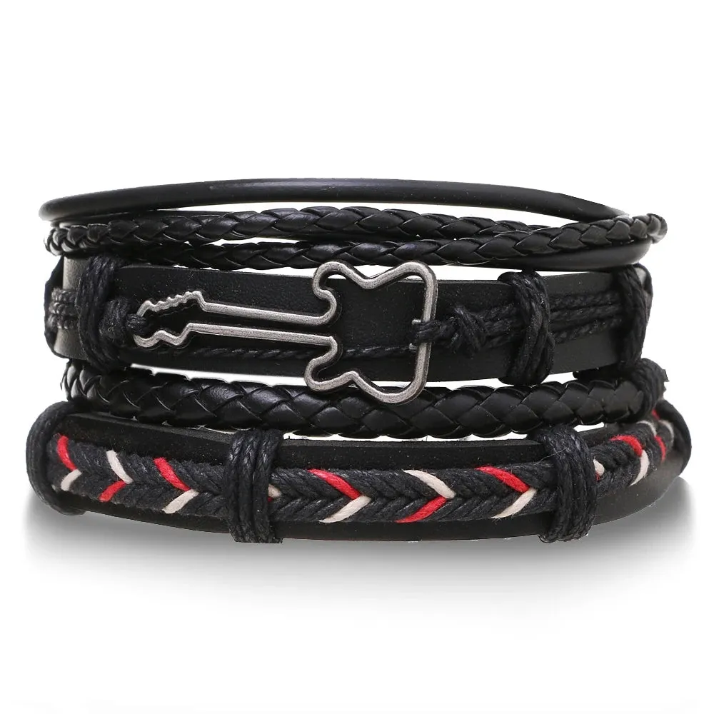 IFMIA Fashion New 4 Pcs/set Guitar Cross Leaf Charm Weave Leather Men Bracelets For Women Homme Femme Male Jewelry Wholesale