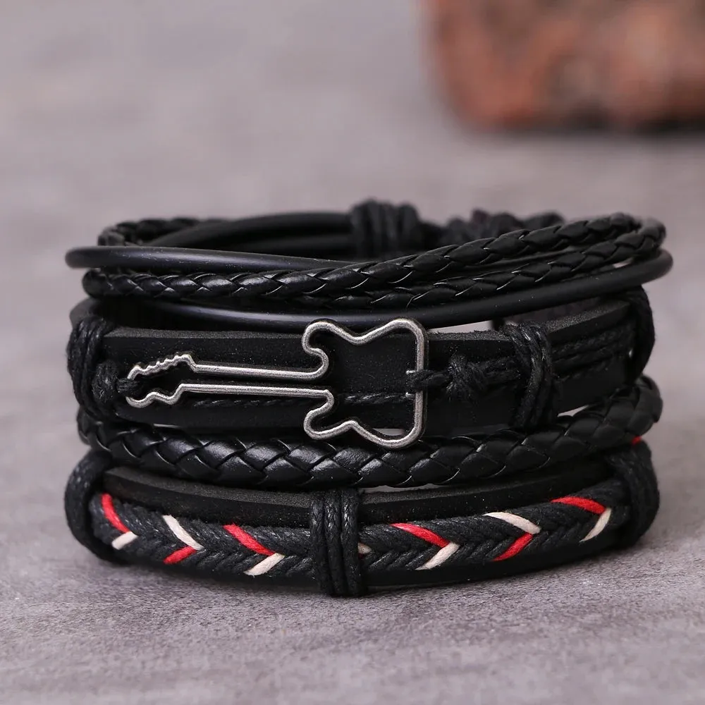 IFMIA Fashion New 4 Pcs/set Guitar Cross Leaf Charm Weave Leather Men Bracelets For Women Homme Femme Male Jewelry Wholesale