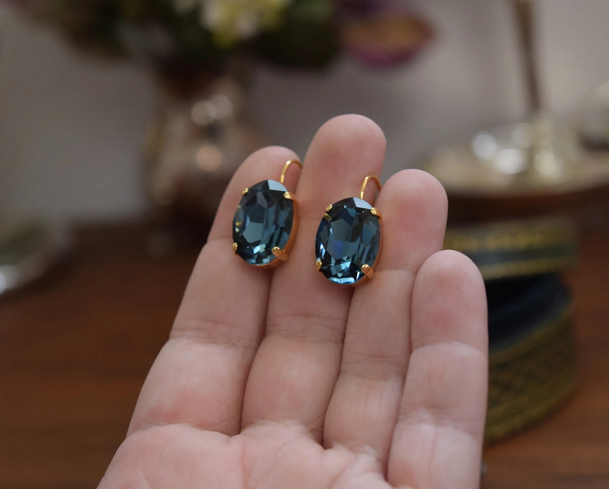 Indian Sapphire Aurora Crystal Earrings - Large Oval or Large Teardrop