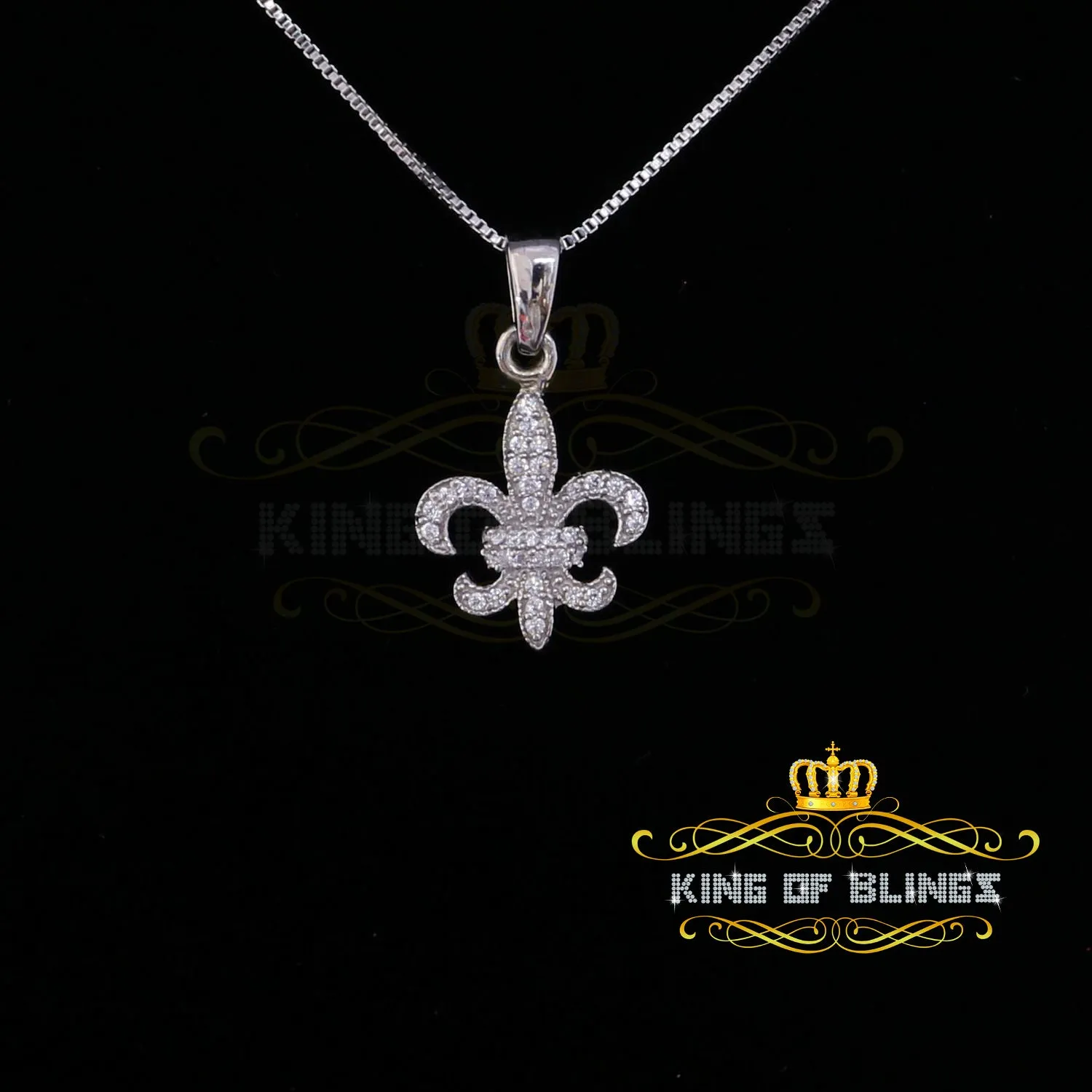 King Of Bling's 925 Sterling White Silver Fleur de Lis Shape Pendant with 0.38ct Cubic Zirconia