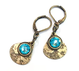 Light Turquoise Austrian Crystal Brass Teardrop Leverback Earrings